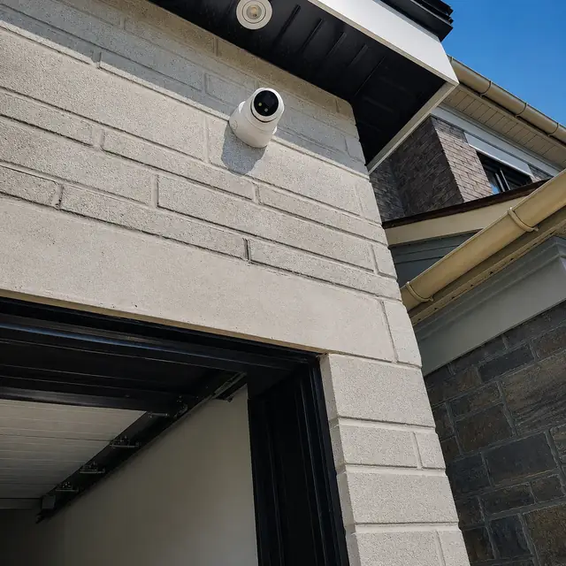 Security camera above the garage of a modern stone-clad home