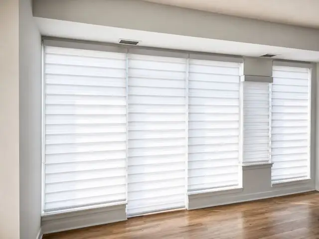 Zebra blinds across a full condo window wall